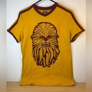 Star Wars Chewbacca Ringer Style Yellow & Maroon Velvet Print Tee Mens Small